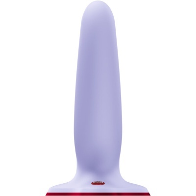 Plug anal lilás com base vermelha e botão com texto Lovense