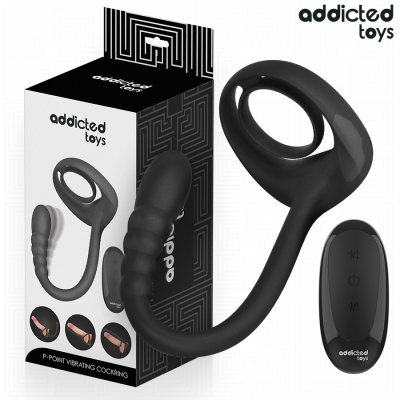 Anel peniano vibratório preto com controlo remoto e embalagem ADDICTED TOYS