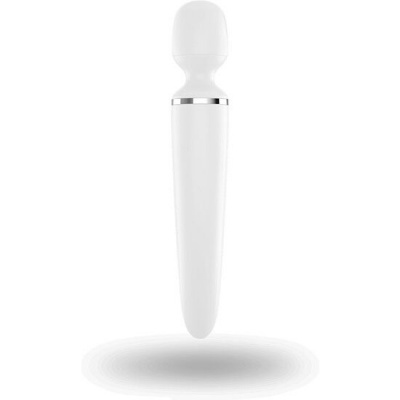 Massageador elétrico branco com faixa prateada destacado em fundo branco