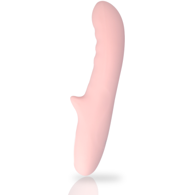 Vibrador cor-de-rosa em silicone com textura ondulada e apêndice para estimulação dupla