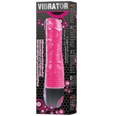 embalagem preta com vibrador rosa translúcido e texto VIBRATOR