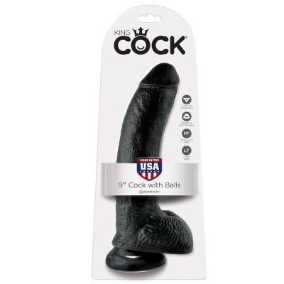 Dildo preto com formato realista em embalagem branca da marca KING COCK.