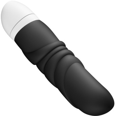 Vibrador preto com textura ondulada e ponta branca