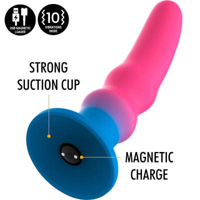 Vibrador rosa com base azul e características de recarga magnética e modos de vibração.