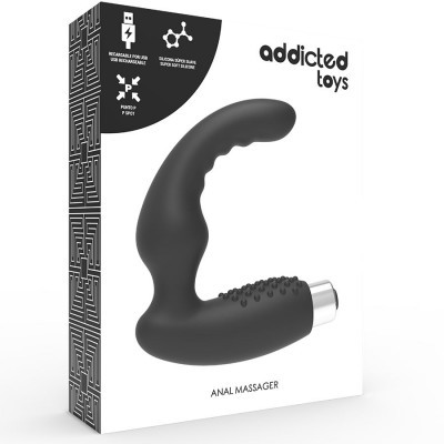 Embalagem branca com massageador anal preto e texto Addicted Toys