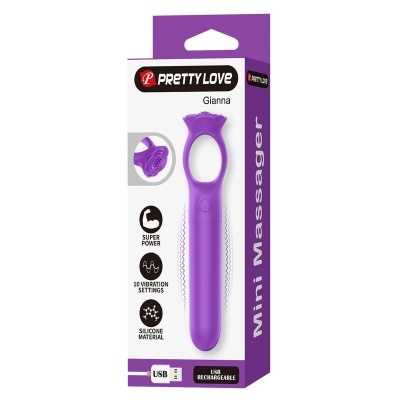 Embalagem de Mini Massajador roxo PRETTY LOVE Gianna em silicone com detalhes USB