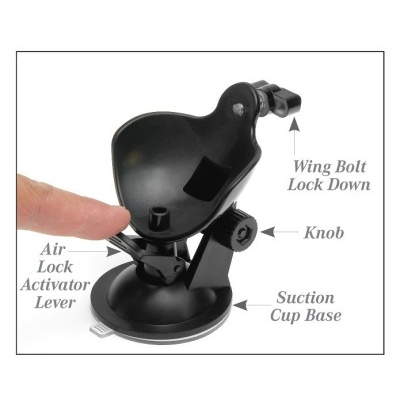 Suporte com ventosa preta e texto de instruções