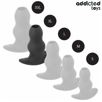 Conjunto de cinco brinquedos sexuais em silicone de diferentes tamanhos e cores cinza e preto