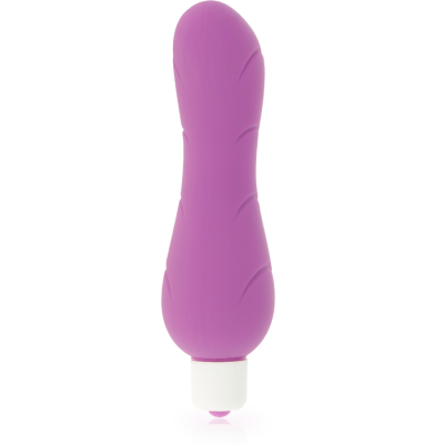 Vibrador feminino roxo com padrões em relevo e base branca