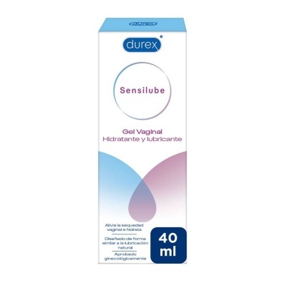 Embalagem de gel vaginal Durex Sensilube 40 ml em branco e azul