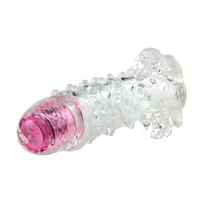 Acessório sexual transparente com relevo e extremidade rosada.