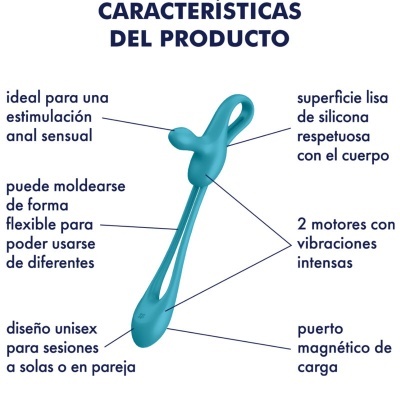 Dispositivo sexual azul em silicone com design unissex e informações em espanhol ao redor