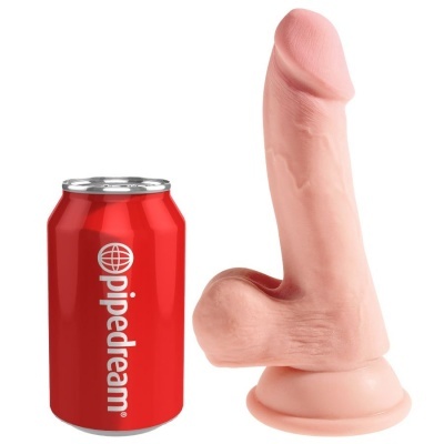 Dildo de silicone cor de pele com base de ventosa ao lado de lata vermelha Pipedream