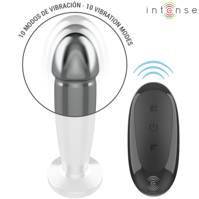 Vibrador prateado com base branca e comando remoto preto com texto e logótipo