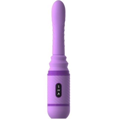Vibrador roxo com botão de controlo e textura estriada