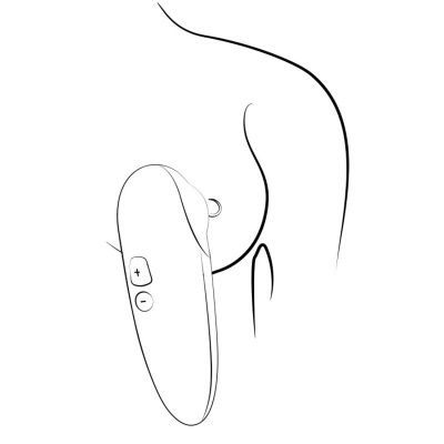 Desenho minimalista de uma mão a segurar um aparelho branco com botões + e - ao lado da silhueta de um corpo humano