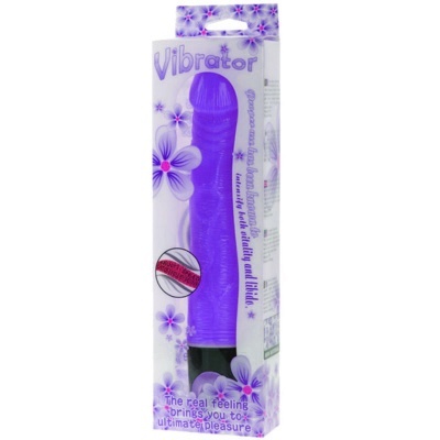 Vibrador roxo em embalagem transparente com decoração floral lilás.