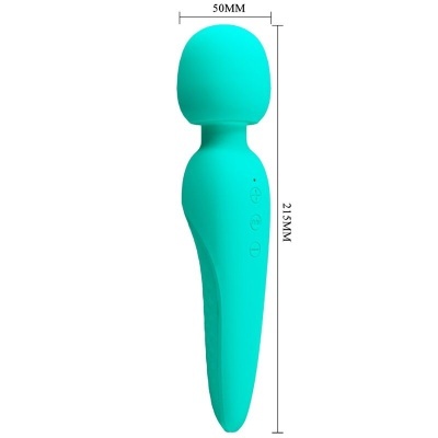Dispositivo de massagem vibratório azul turquesa com botões de controlo e dimensões indicadas