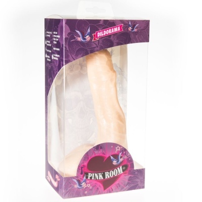 Dildô cor de pele em caixa roxa com texto DILBORAMA e PINK ROOM