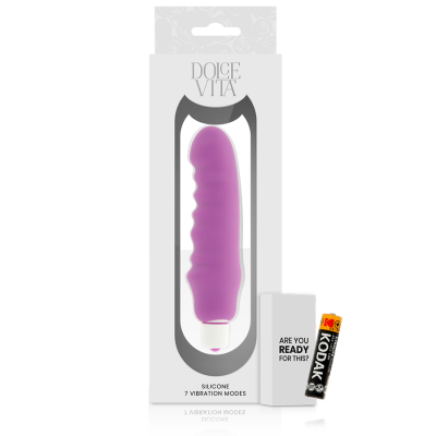 Vibrador roxo em embalagem branca da DOLCE VITA com pilha Kodak AA ao lado