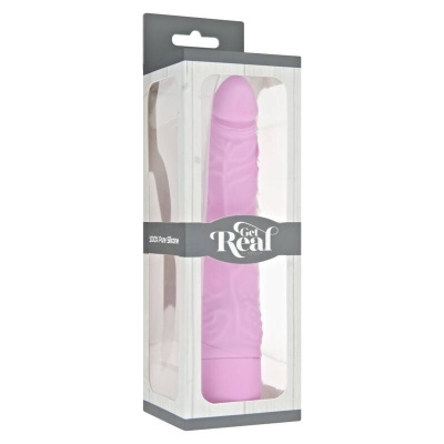 Vibrador rosa em embalagem transparente com texto e fita cinzenta