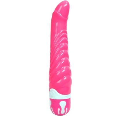 Vibrador rosa com textura espiral e base branca com detalhe rosa