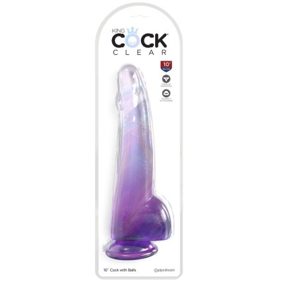 Dildo transparente roxo com base de ventosa na embalagem branca com texto KING COCK CLEAR
