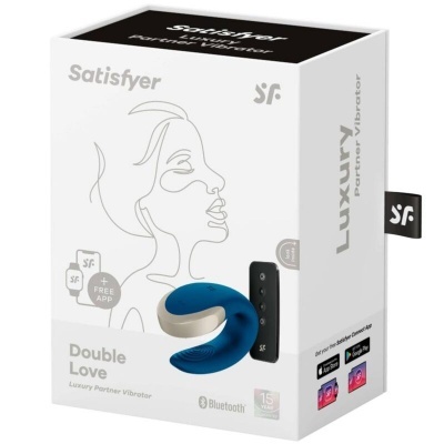 Embalagem branca com vibrador azul Satisfyer Luxury Double Love e informações de produto