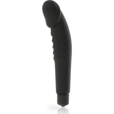 Vibrador preto curvo com textura em anéis e botão na base