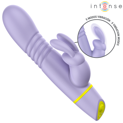 Vibrador lilás com coelho e modo de 5 vibrações mostrado