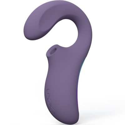 Vibrador roxo curvo com três botões embutidos em fundo branco