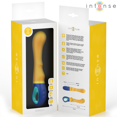 Embalagem de vibrador Intense Shaggy amarelo e azul com descrição e dimensões