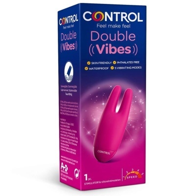 Embalagem azul e rosa de vibro duplo CONTROL Double Vibes com 5 modos e informações sobre ser à prova de água e sem ftalatos