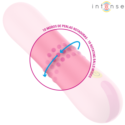 Vibrador rosa claro com textura esferoidal e texto sobre modos de esferas rotadoras