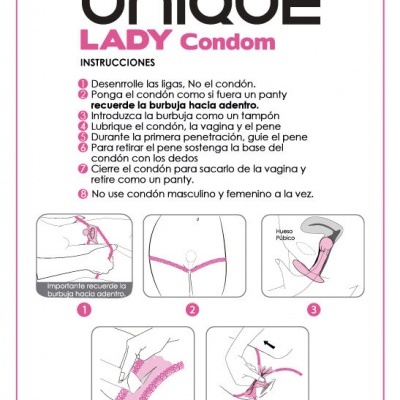 Instruções para o uso de camisinha feminina UNIQUE LADY Condom com ilustrações