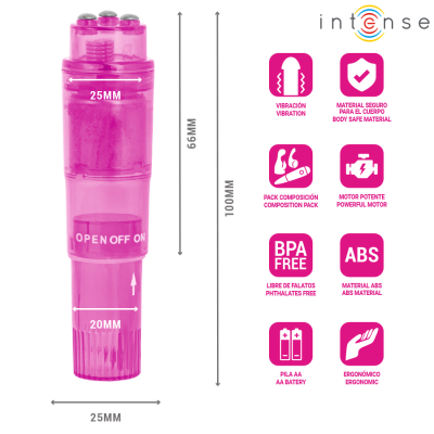 vibrador rosa transparente com texto e ícones informativos