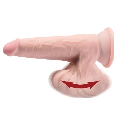 Dildo realista cor pele com base circular e escroto em fundo branco.