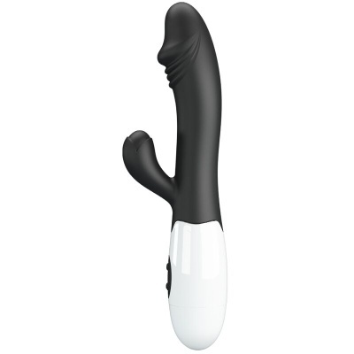 Vibrador preto e branco anatómico com textura lisa e controlos na base