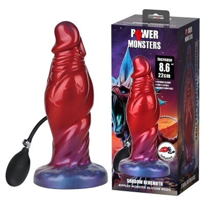 Dildo vermelho e roxo com bomba de inflação ao lado da embalagem Power Monsters.