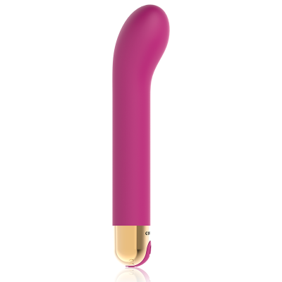 Vibrador rosa curvo com base dourada em fundo branco