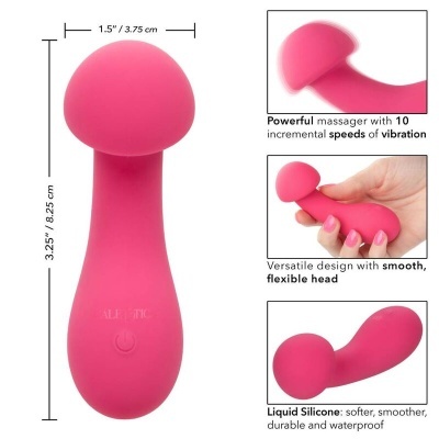 Vibrador rosa de silicone com cabeça flexível e botão de ligar.