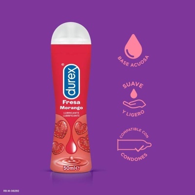 Frasco do lubrificante Durex Fresa Morango em fundo roxo com ícones e texto