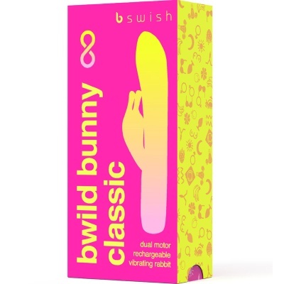 Embalagem cor-de-rosa e amarelo com texto e imagem estilizada de vibrador coelho