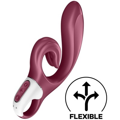 Vibrador roxo com base branca e símbolo FLEXIBLE