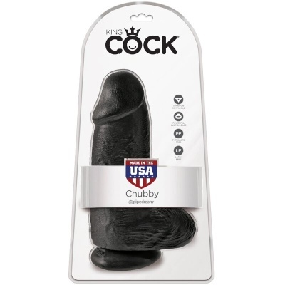 Dildo preto Chubby King Cock em embalagem branca com texto MADE IN THE USA