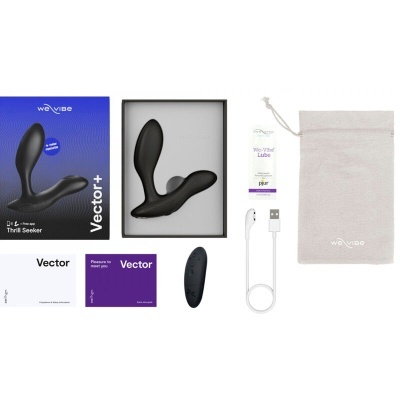 Conjunto Vector+ da We-Vibe com brinquedo preto, comando, lubrificante, manual, cabo USB, saco de tecido e embalagem azul.