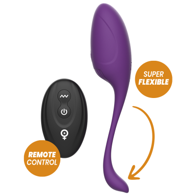 Vibrador roxo flexível com controlo remoto preto e textos de funcionalidades.