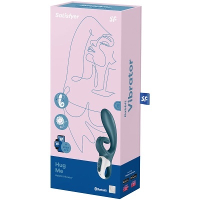 Embalagem de vibrador Hug Me da Satisfyer com ilustração minimalista e cores rosa e azul.