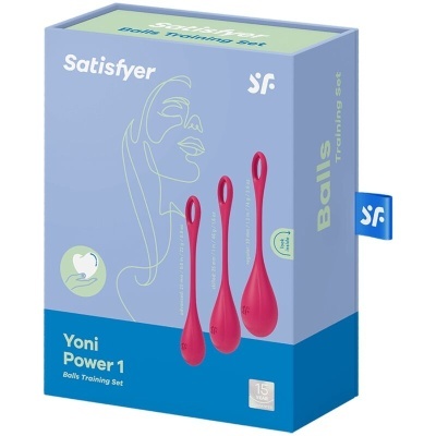 Embalagem azul e verde do conjunto Yoni Power 1 da Satisfyer com três bolas vermelhas visíveis.