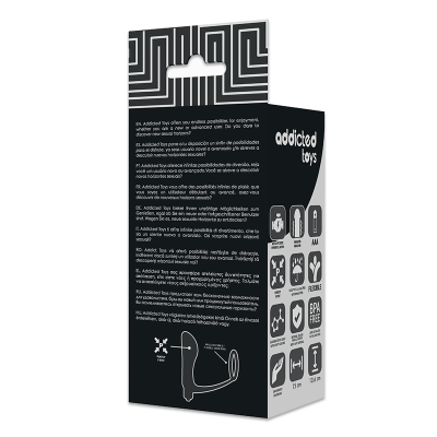 Embalagem preta com texto branco da marca addicted toys e vários ícones de instruções.